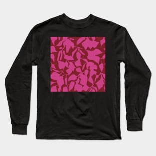 Birch leaves fuchsia on red, seamless pattern Long Sleeve T-Shirt